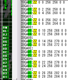 #BMPzz を参照する、15 行分の #BGA 命令群と、