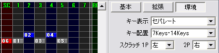 キー表示：セパレート、キー配置： 7keys・14keys、スクラッチ：左