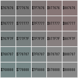画像“around-7F7F7F.bmp”：5列5行の表。中央のcellはrgb(127,127,127)で、周囲のcellsはその近似色で、それぞれ塗りつぶされている。